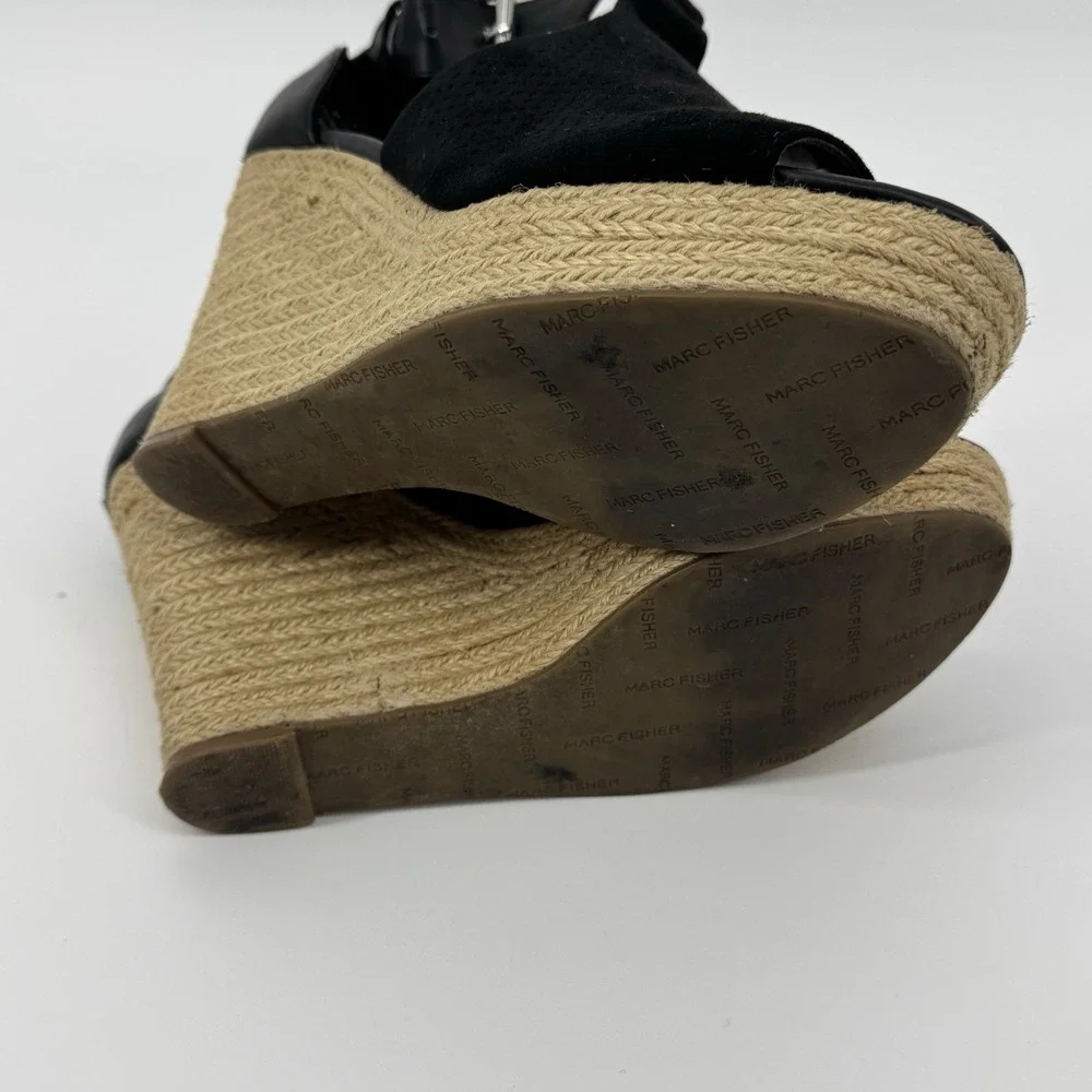 Marc Fisher‎ Black Espadrille Wedge Sandals Ankle Strap Peep Toe Size 9M Coastal